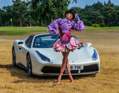 Luxury Woman’s Golf Fashion With Ferrari 488 Spider At Worplesdon Golf Club