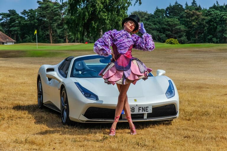 Luxury Woman's Golf Fashion With Ferrari 488 Spider At Worplesdon Golf Club