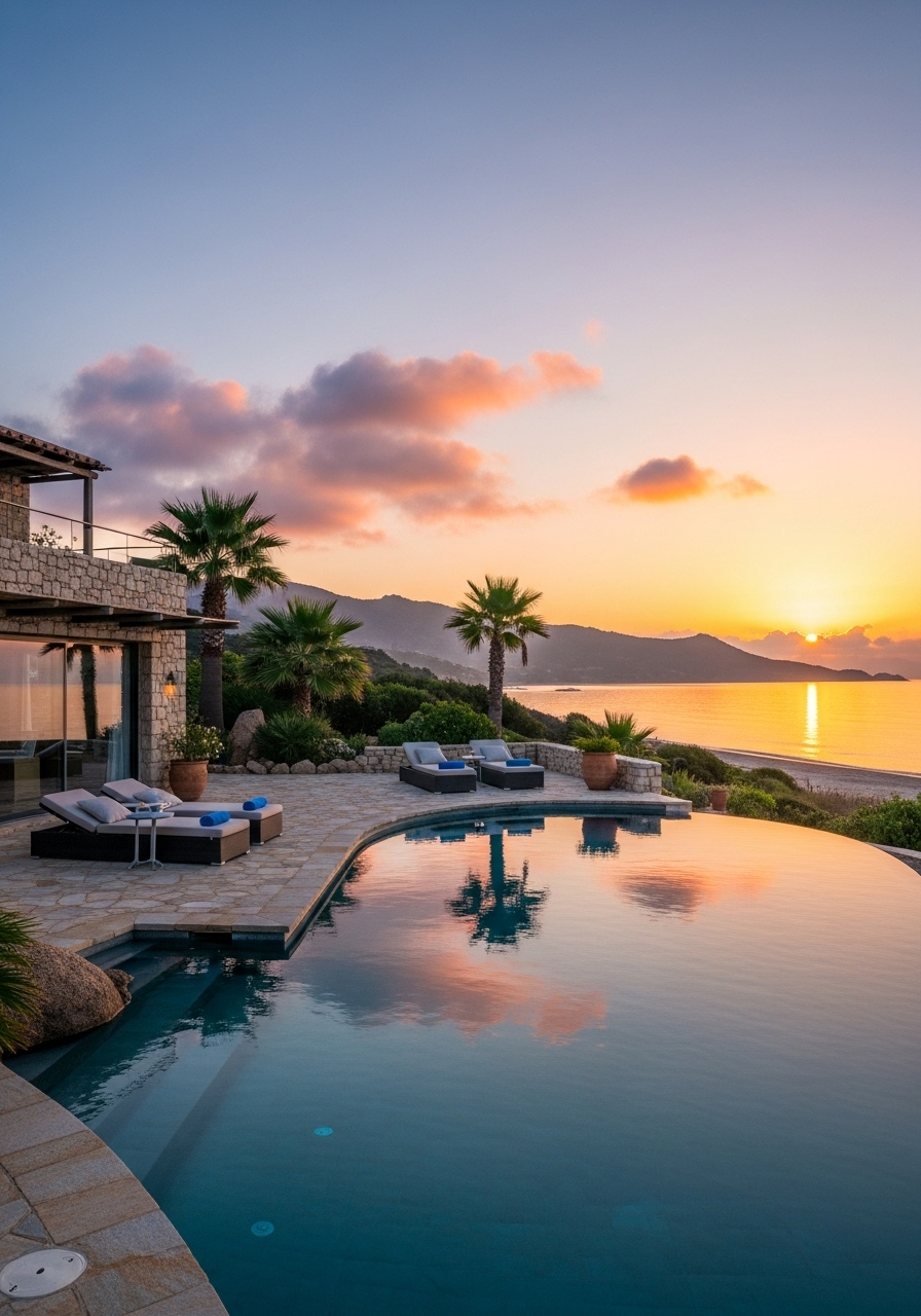 Luxury villa rental Corsica — private pool with maquis and sea view