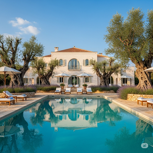 Luxury villa rental Puglia Italy — pool and olive trees