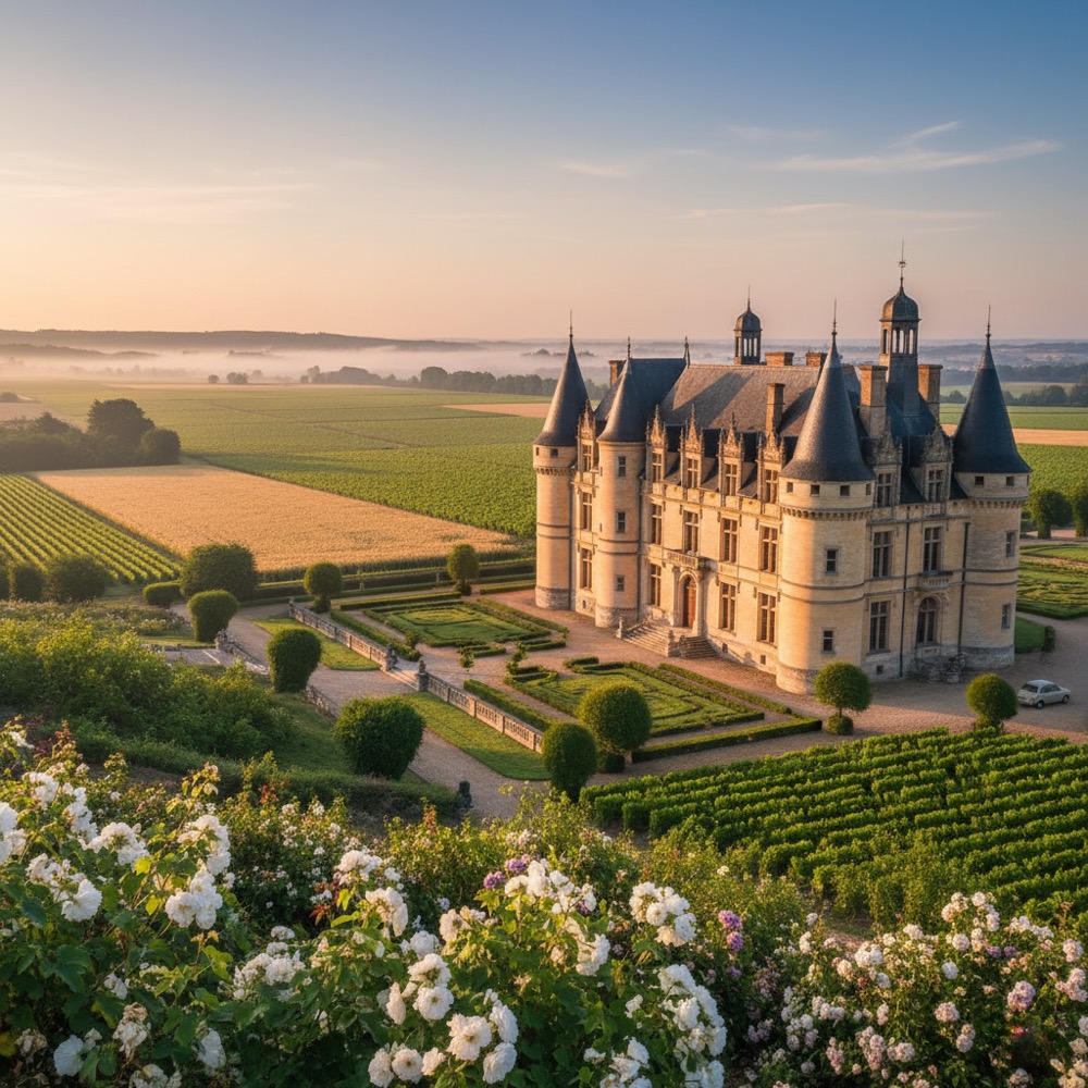 Chateau at sunrise vineyard estate South-West France luxury rental