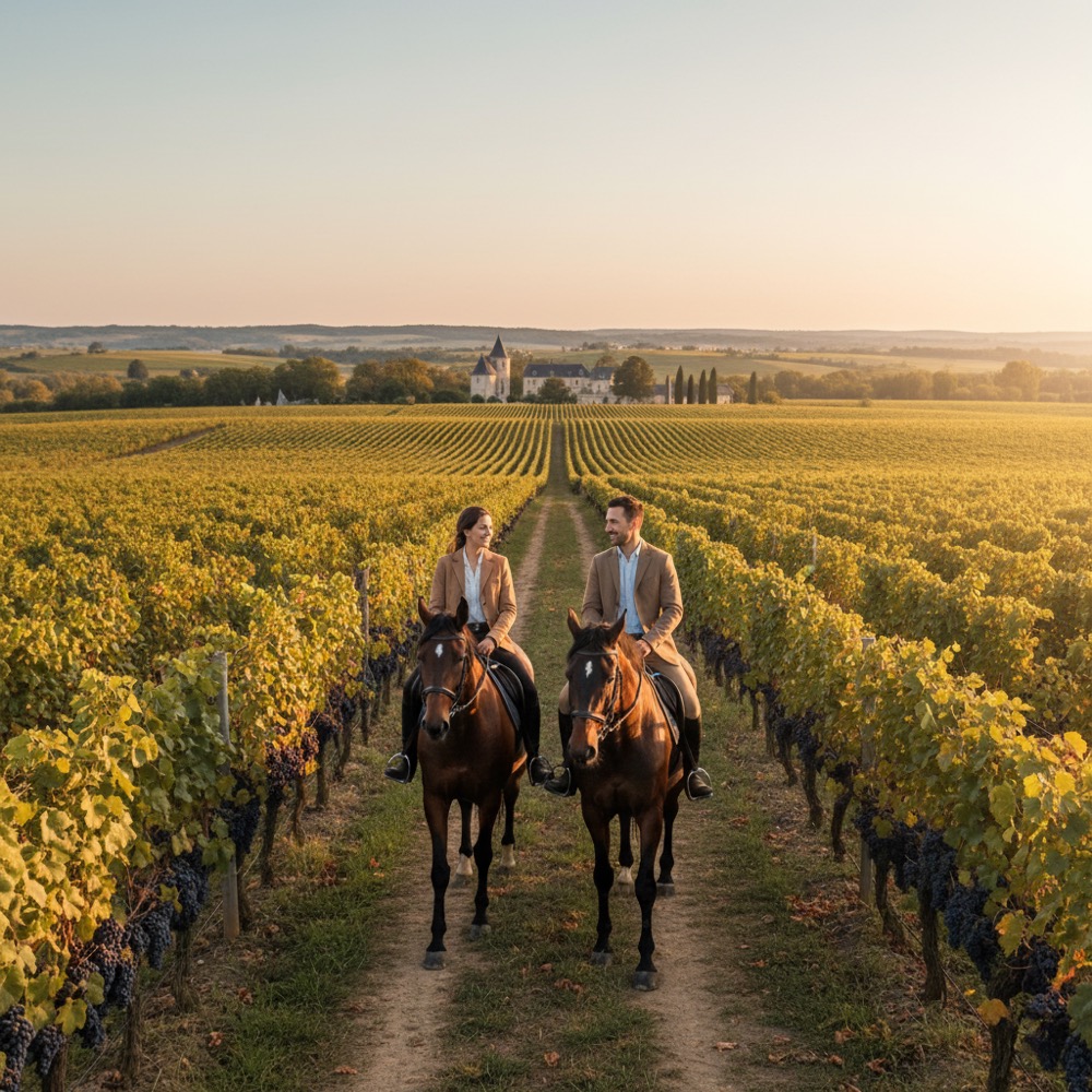 Couple horse riding near a château rental in Bordeaux France — Excellence Luxury Villas concierge activities