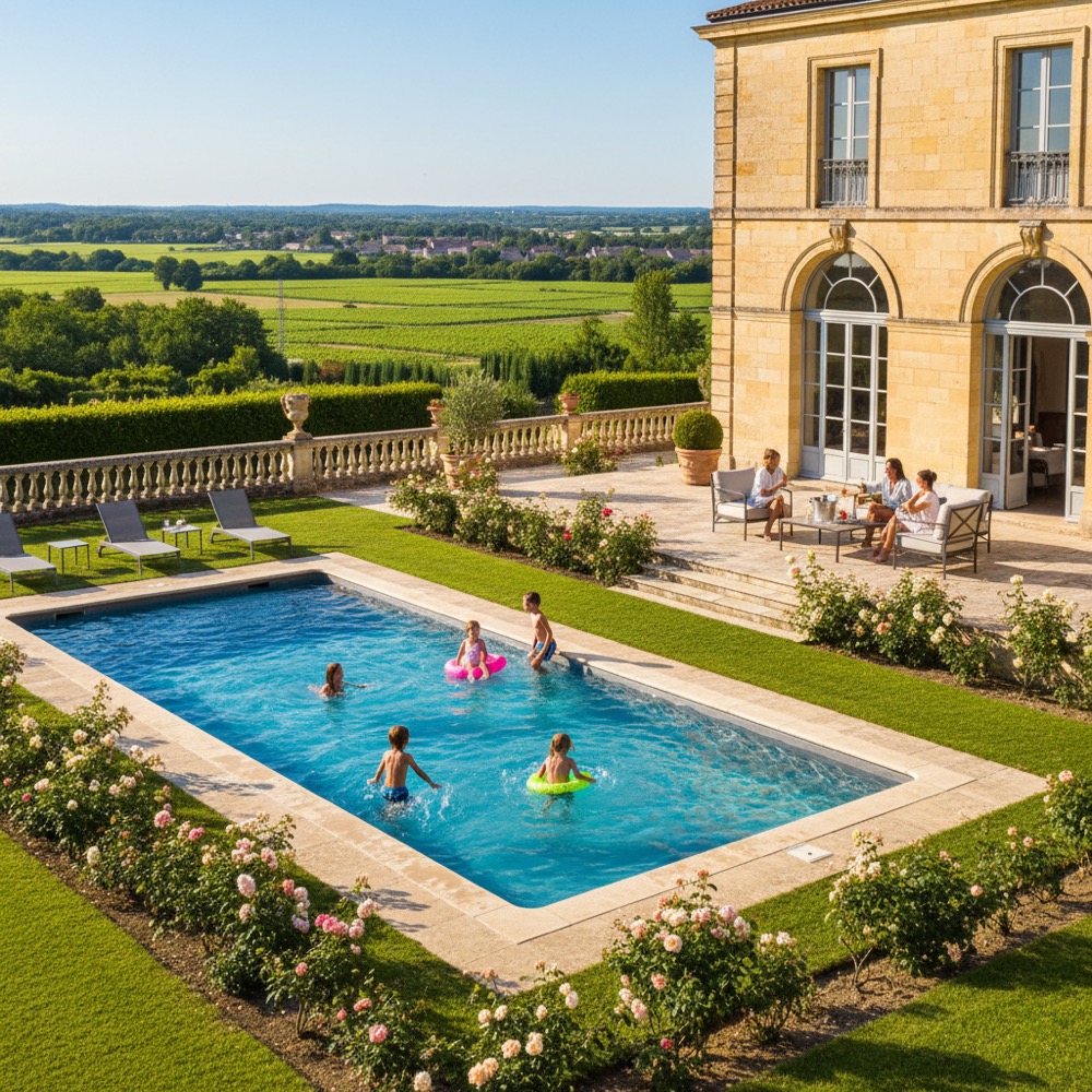 Family at pool luxury chateau rental Dordogne South-West France