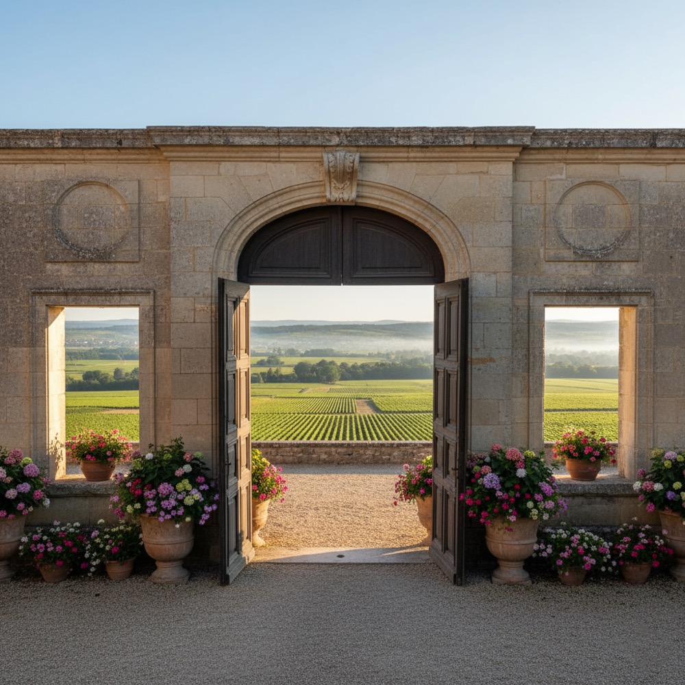 Grand chateau entrance with vineyard view South-West France