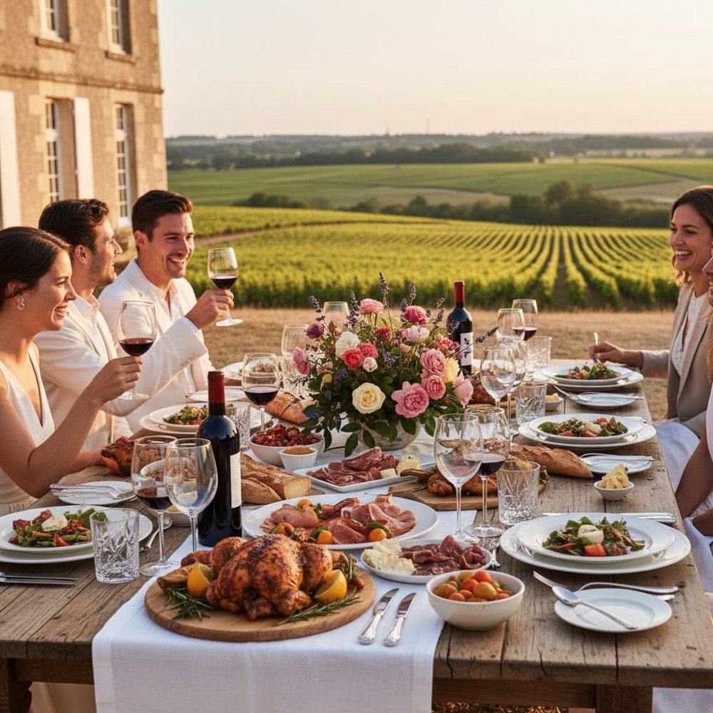 Outdoor dining at luxury chateau South-West France rental evening