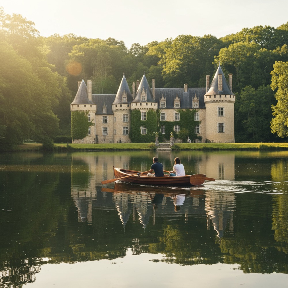 Couple rowing on private lake at luxury chateau rental Dordogne France