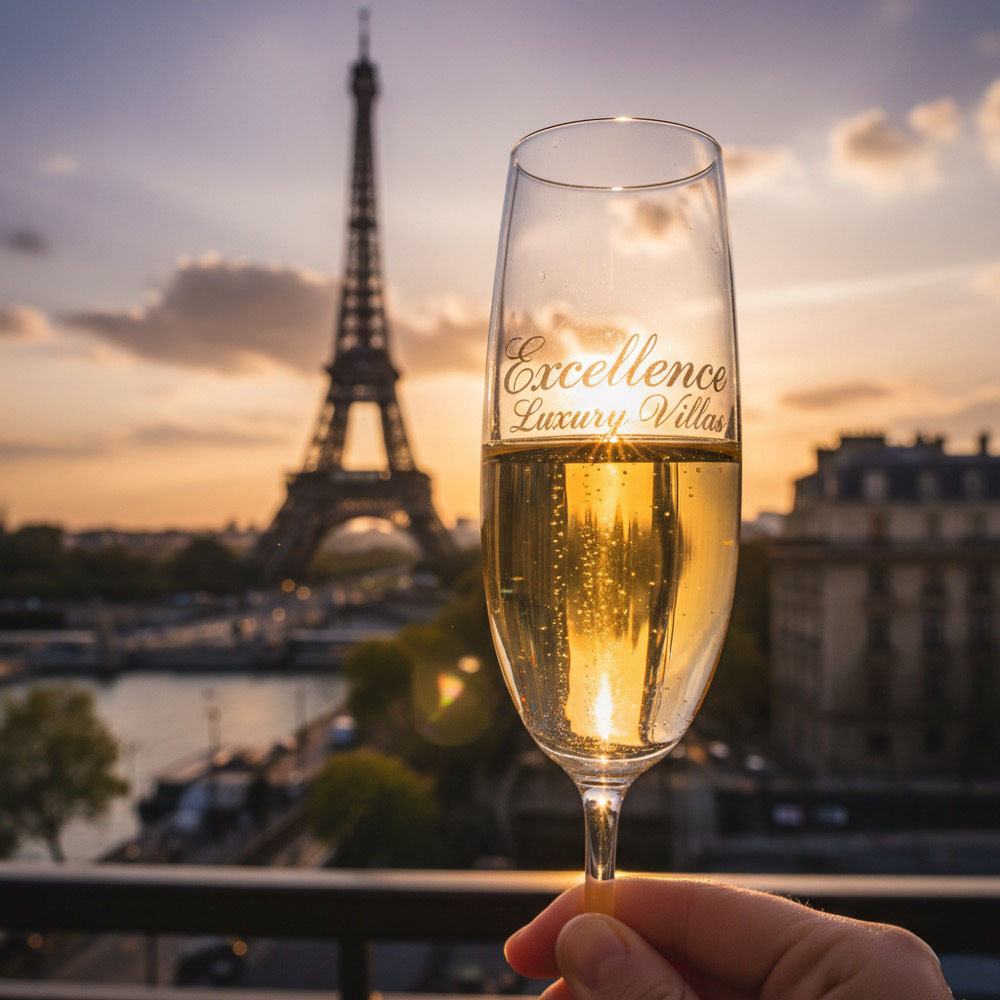 Excellence Luxury Villas champagne glass with Eiffel Tower Paris — luxury vacation rental