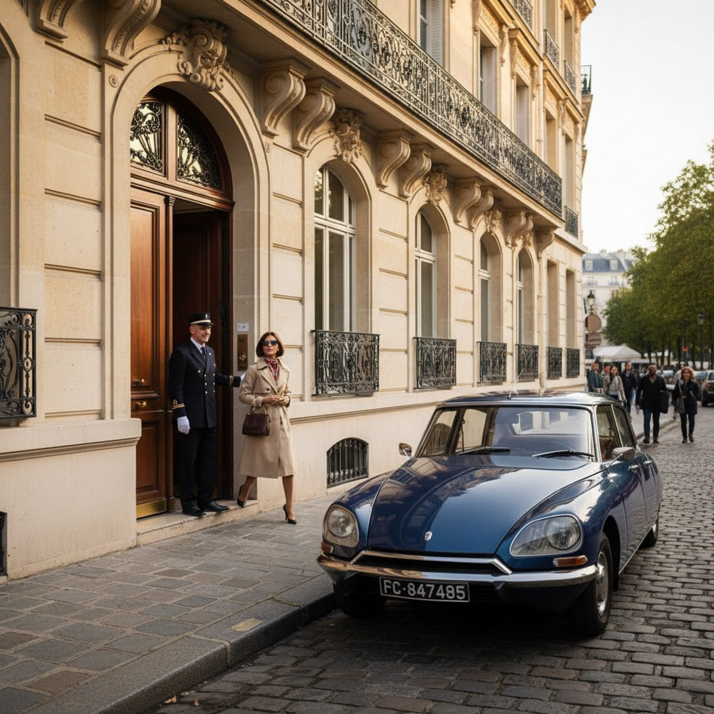 Luxury hôtel particulier rental Paris — concierge service and Citroën DS on cobbled Haussmann street