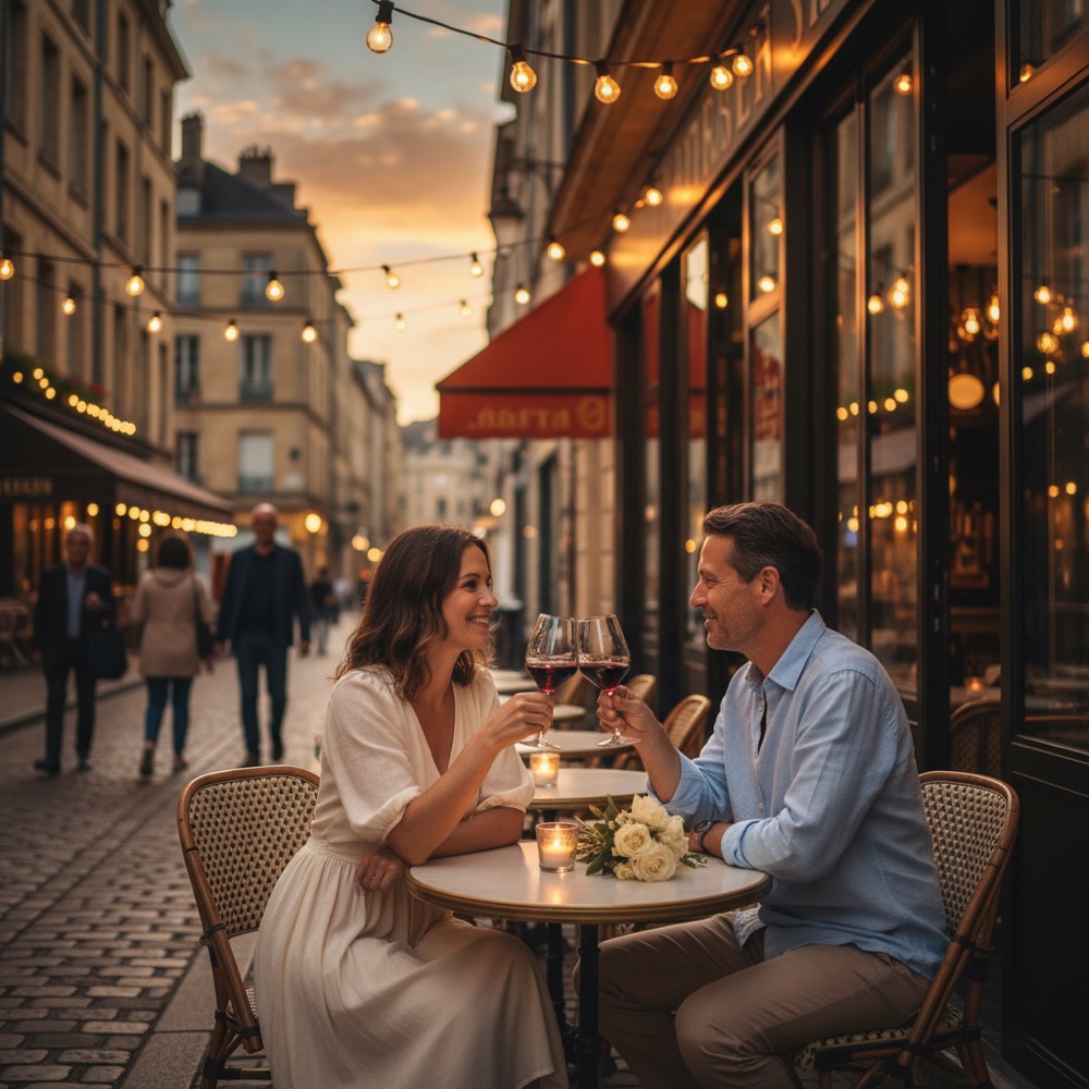 Romantic couple at cafe Bordeaux France chateau holiday