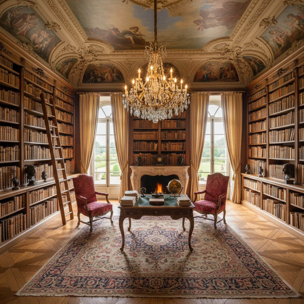 Beautiful library at luxury chateau rental Burgundy France