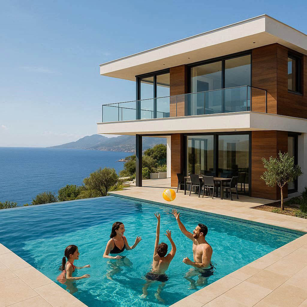 Family playing in infinity pool luxury villa rental Turkey sea view