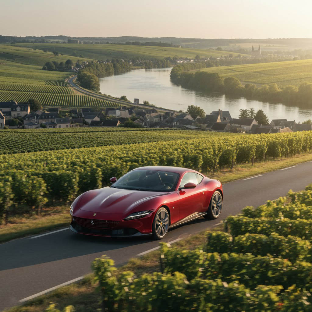 Ferrari driving through Loire Valley France chateau rental