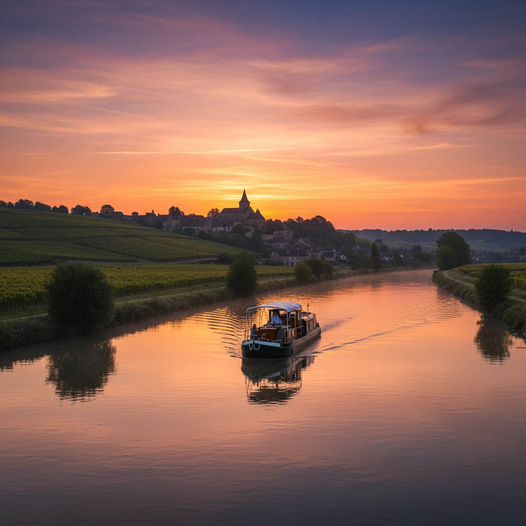 Canal boat at sunset on the Yonne river Burgundy France villa rental