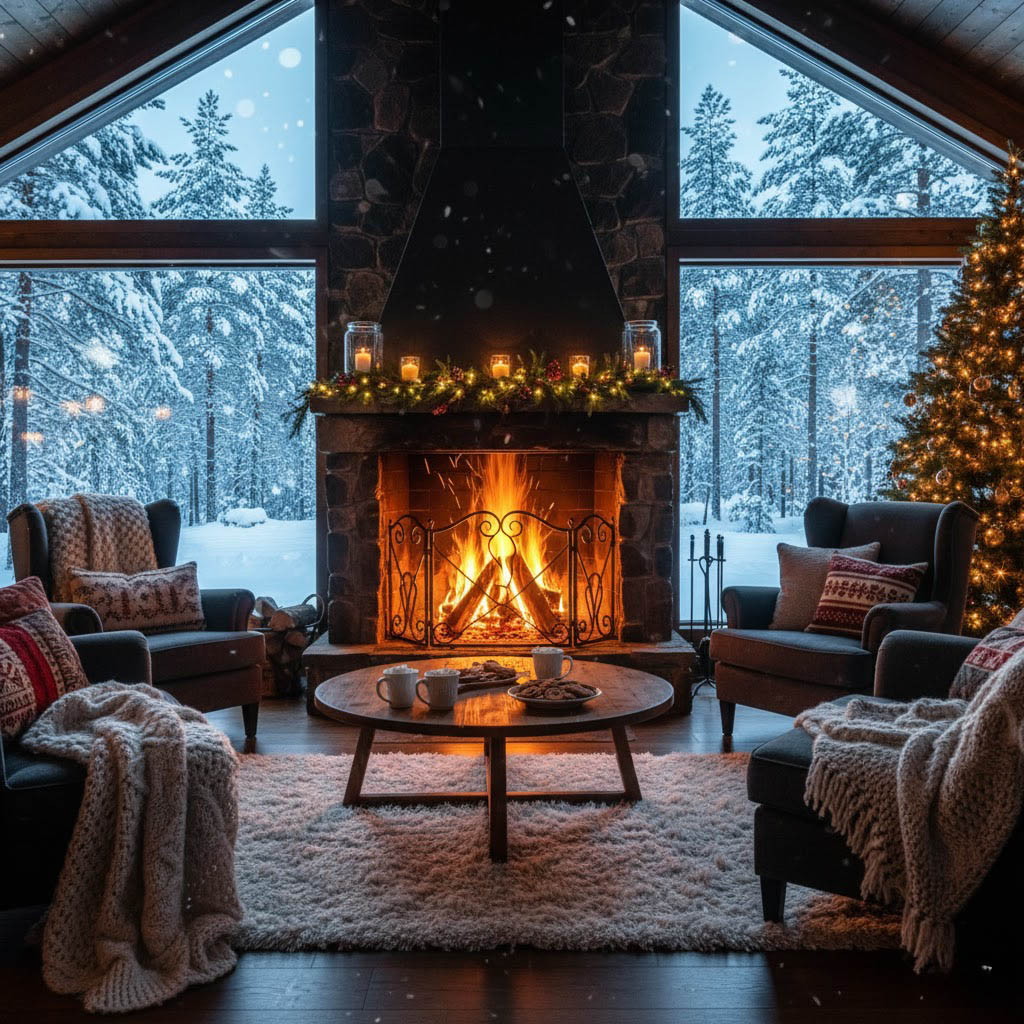 Luxury chalet rental roaring fire glass windows Scandinavian forest view