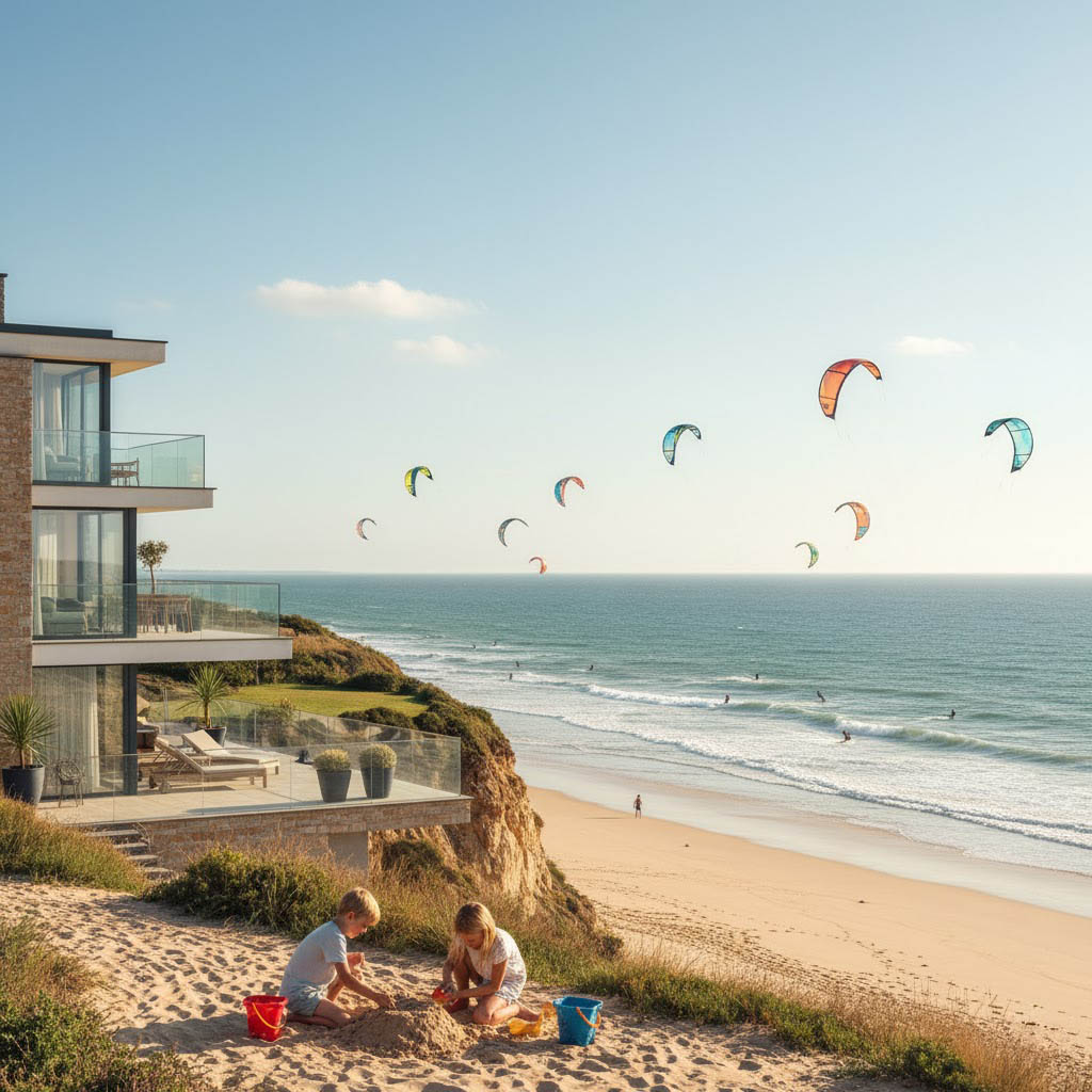 Children playing on Atlantic beach outside luxury villa Brittany