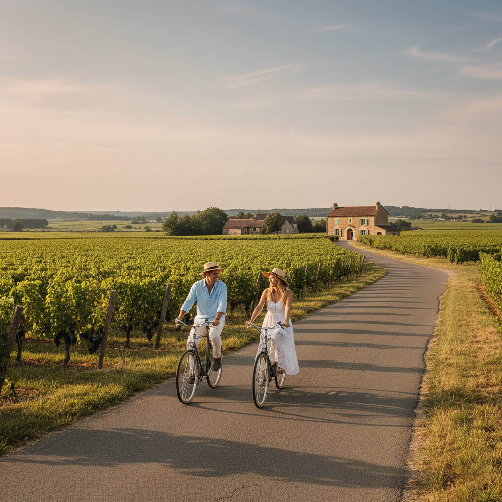 Couple cycling through vineyards Burgundy France chateau rental