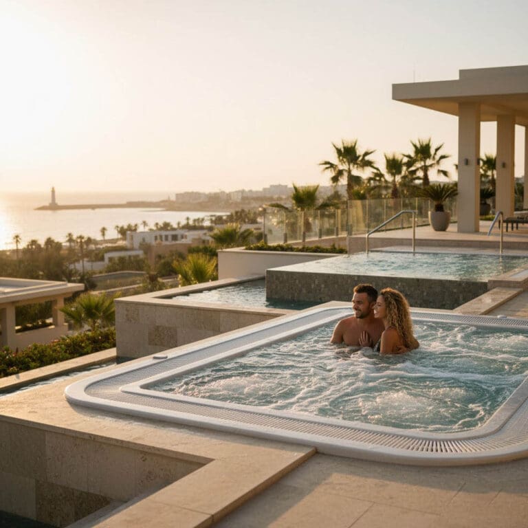 Romantic couple in spa hot tub luxury villa rental Paphos Cyprus
