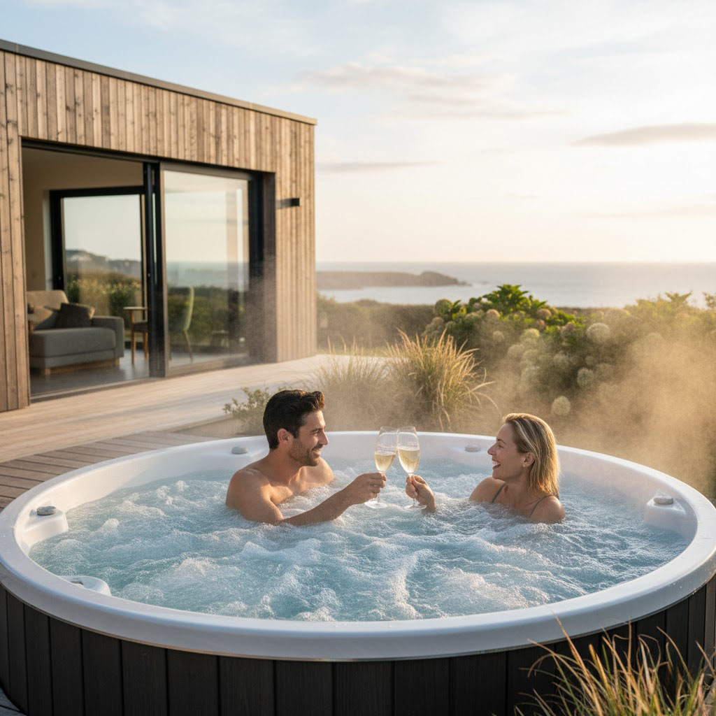 Couple in hot tub modern luxury villa rental Brittany