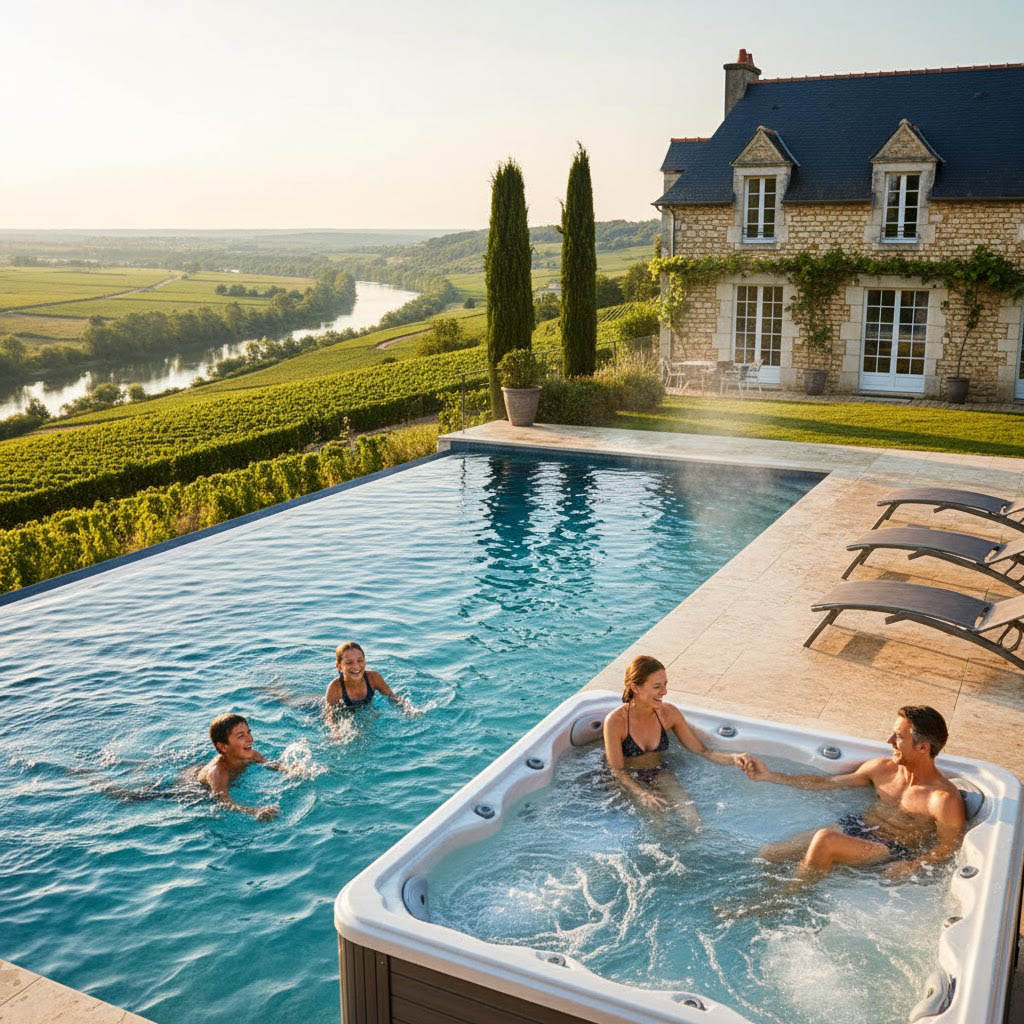 Couple in hot tub children playing in pool Loire Valley farmhouse rental