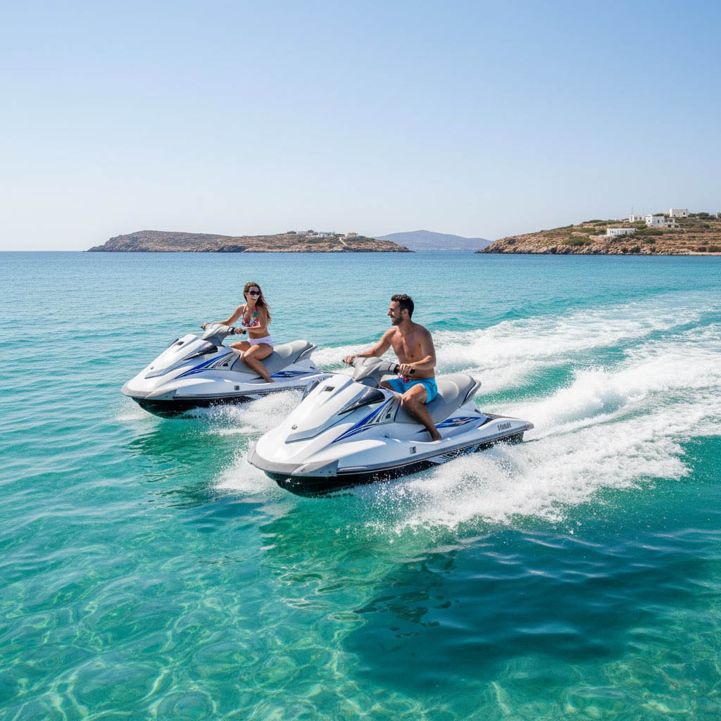 Couple jet-skiing Aegean Sea Santorini — luxury villa holiday Greece