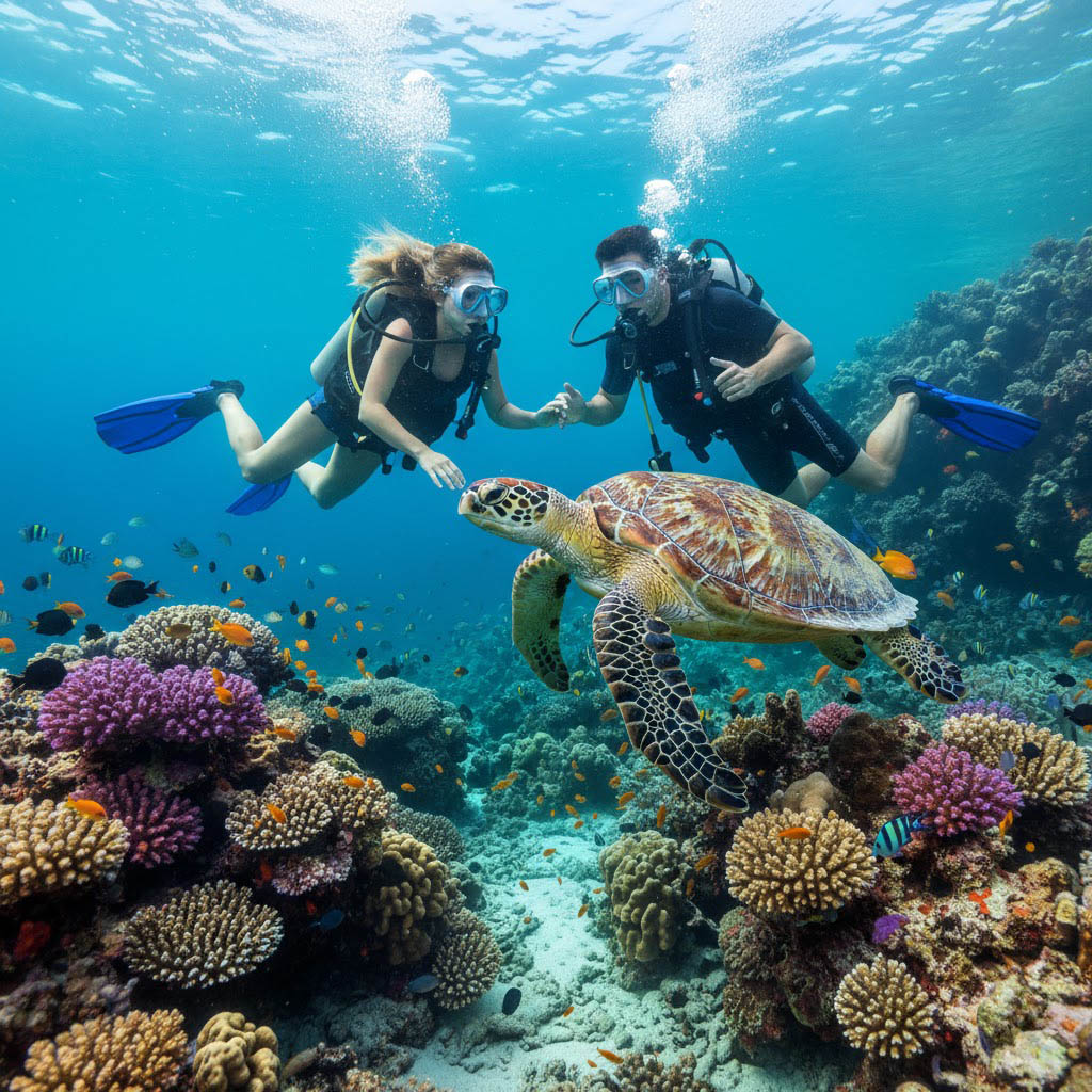 Couple scuba diving with sea turtle Ayia Napa Cyprus villa holiday