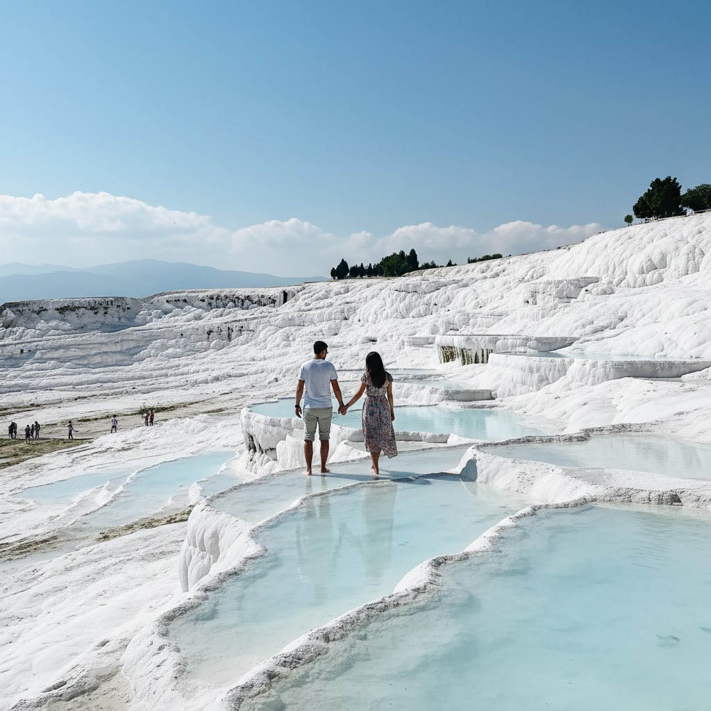 Couple walking white mineral terraces Pamukkale Turkey villa excursion