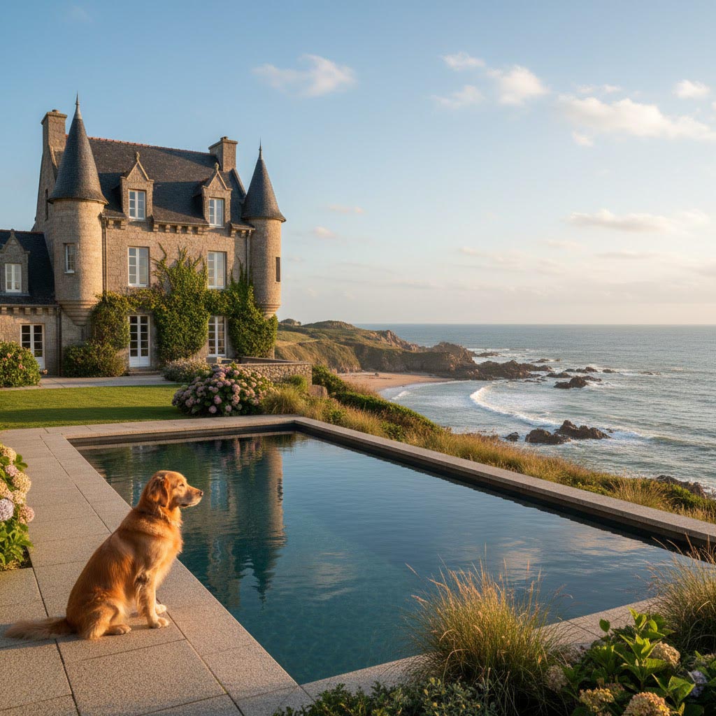 Dog by pool at chateau rental near beach Brittany France