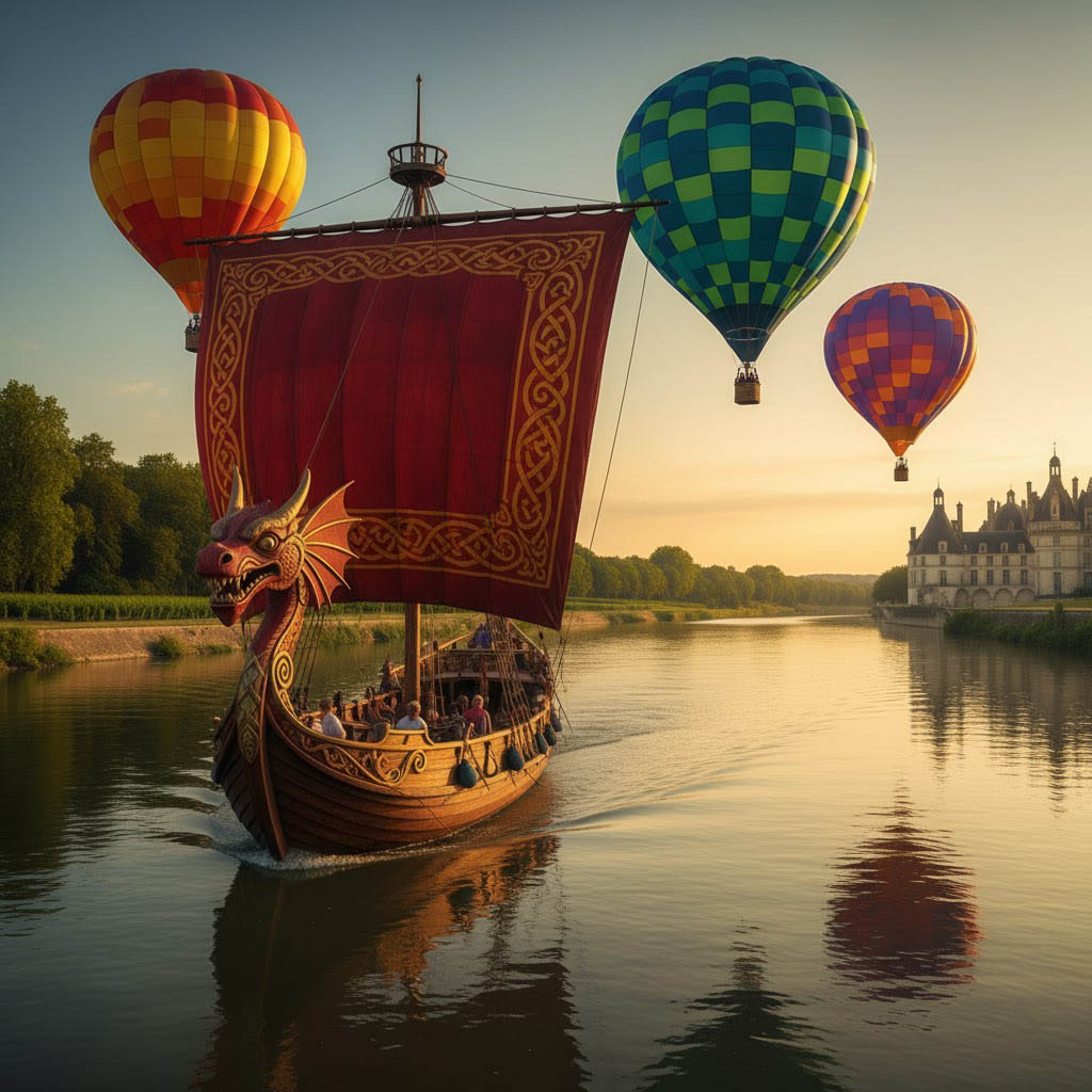 Wooden boat sailing Loire Valley with hot air balloons chateau rental