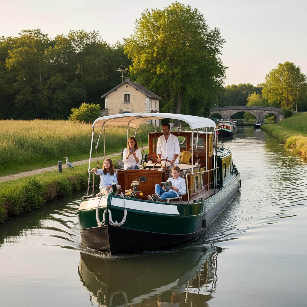 Family on luxury barge holiday Canal de Nivernais Burgundy France