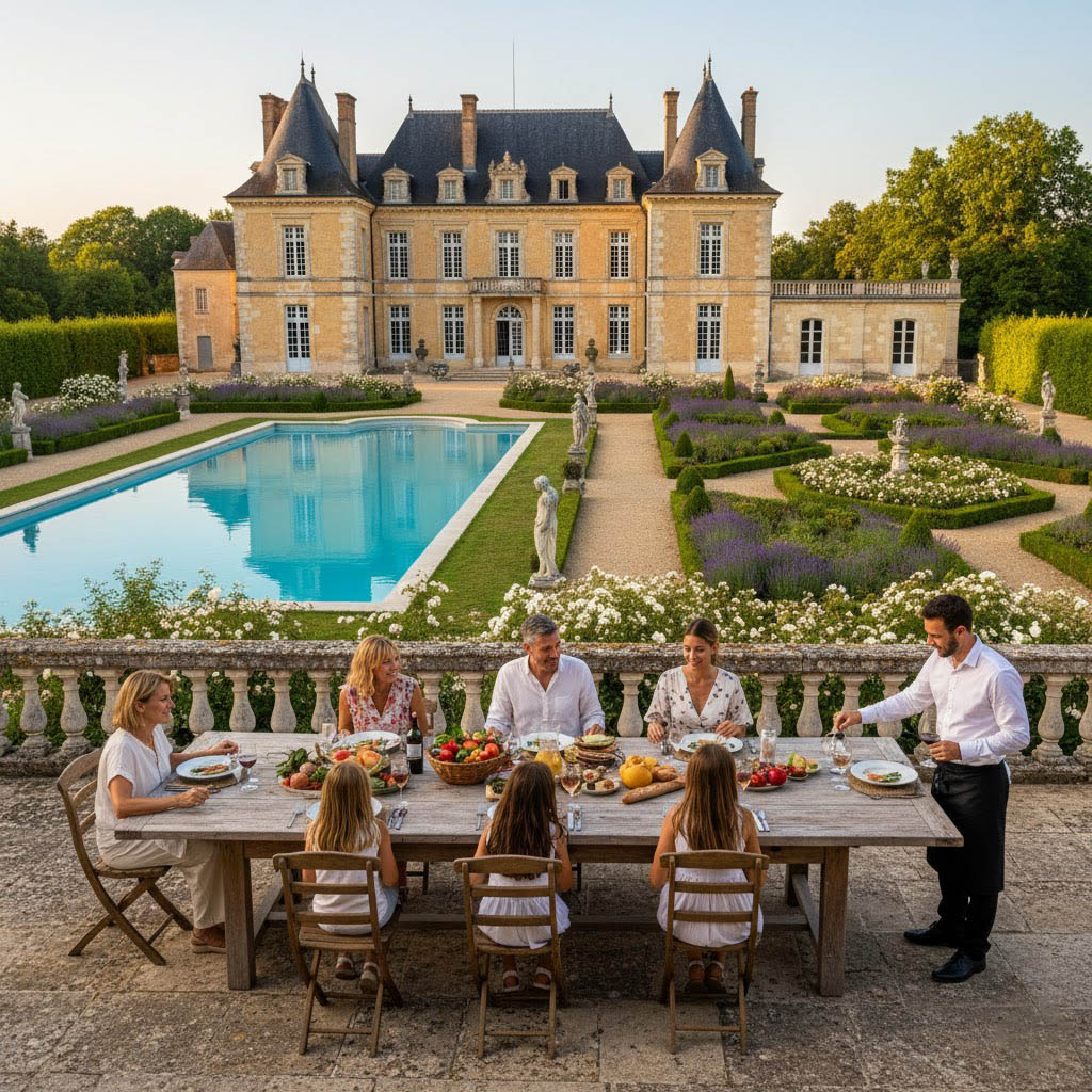 Family dining outside at luxury chateau rental Burgundy France vineyard