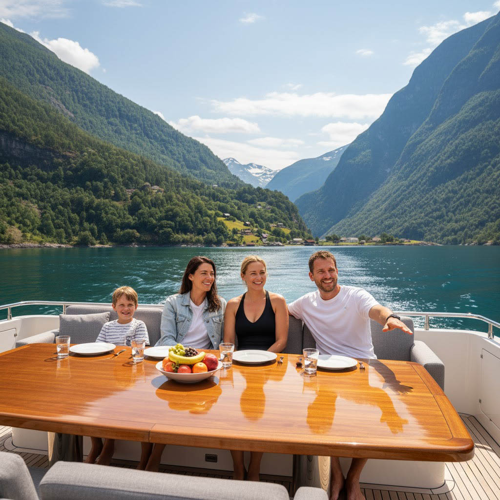 Family on luxury yacht in fjord Denmark Scandinavia villa holiday