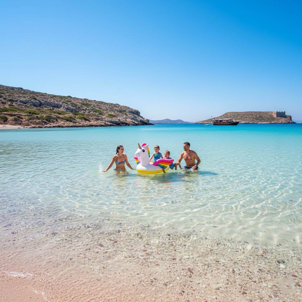 Family playing in the Aegean Sea Greece — luxury villa summer holiday