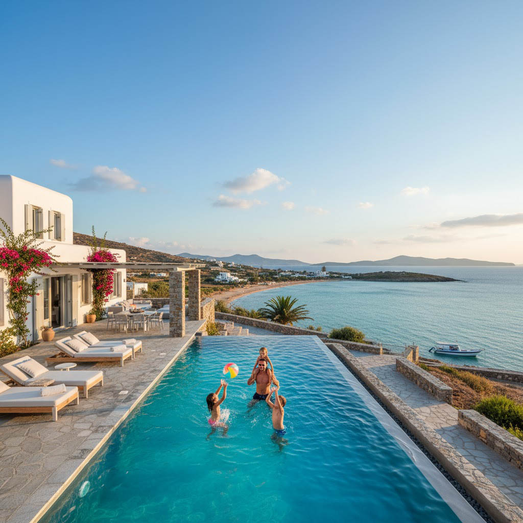 Family playing in the private pool of a luxury villa rental in Greece — Excellence Luxury Villas