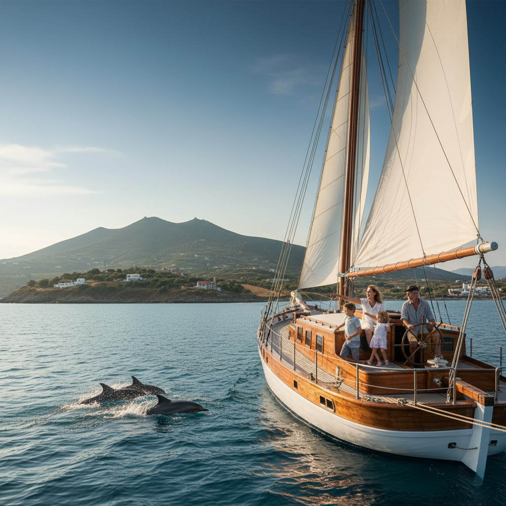Family sailing on the Aegean Sea Greece — luxury villa holiday sailing concierge