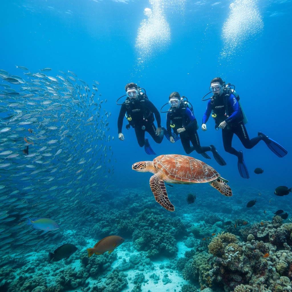 Family scuba diving with sea turtle Greece — luxury villa holiday