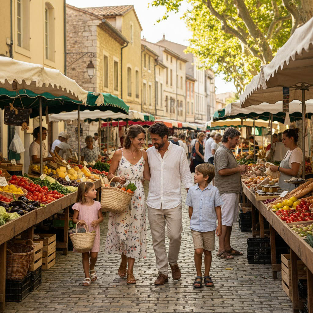 Family at outdoor French market in Provence villa holiday