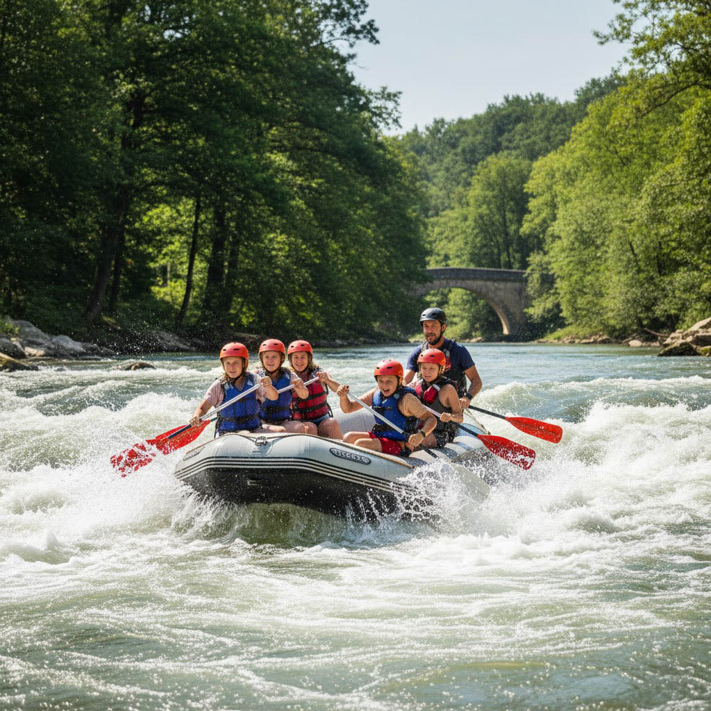 Family white water rafting in Burgundy France chateau holiday
