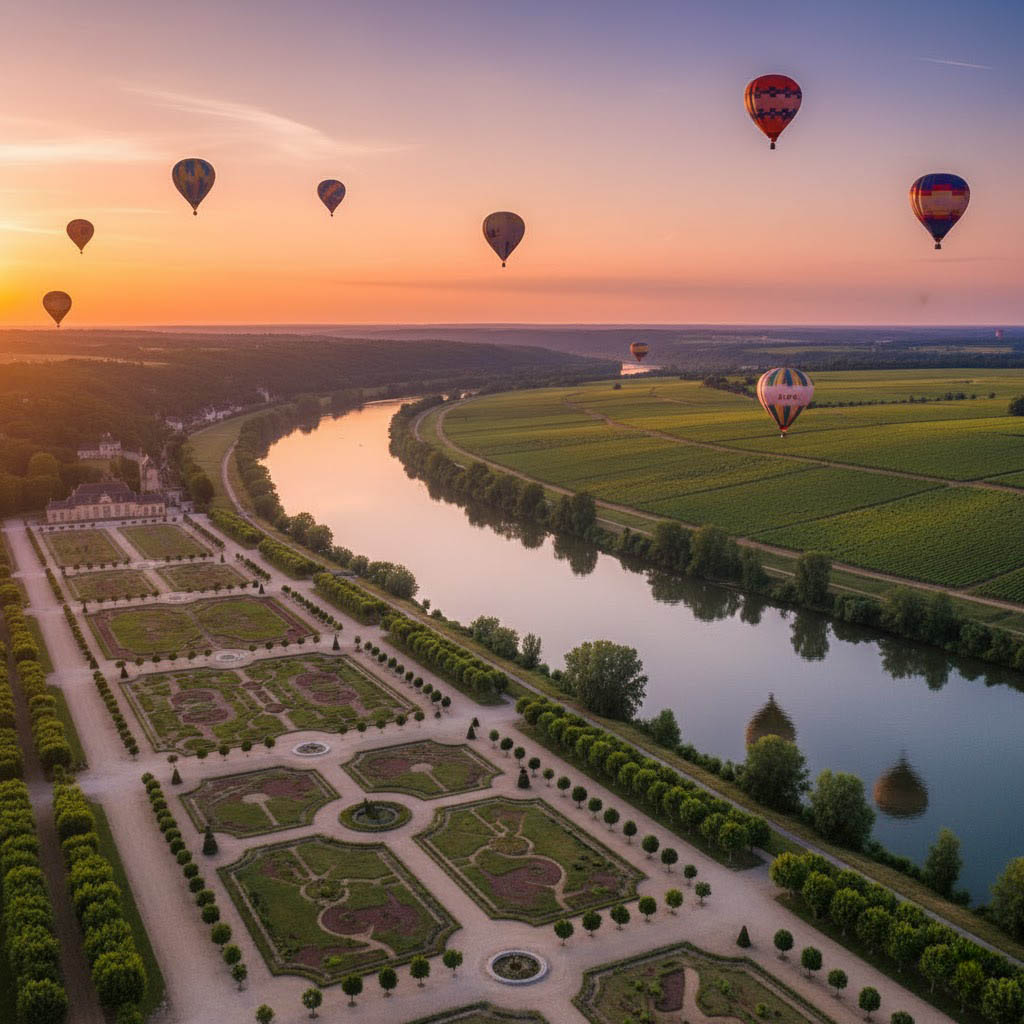 Hot air balloons over the Loire River France at dawn — luxury villa holiday activity Excellence Luxury Villas