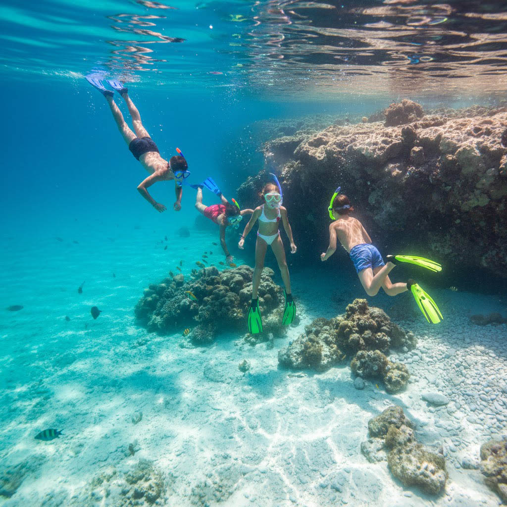 Children snorkelling at rocky outcrop Cyprus family villa rental