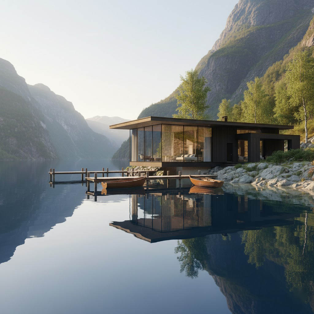 Modern luxury lakeside villa rental Scandinavia summer