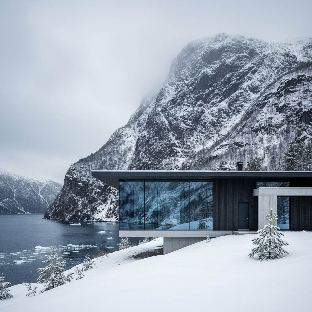 Modern luxury villa in snow forest fjord mountains Scandinavia winter