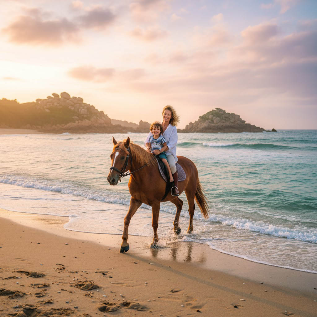 Mother and son horse riding on Atlantic beach Brittany France villa