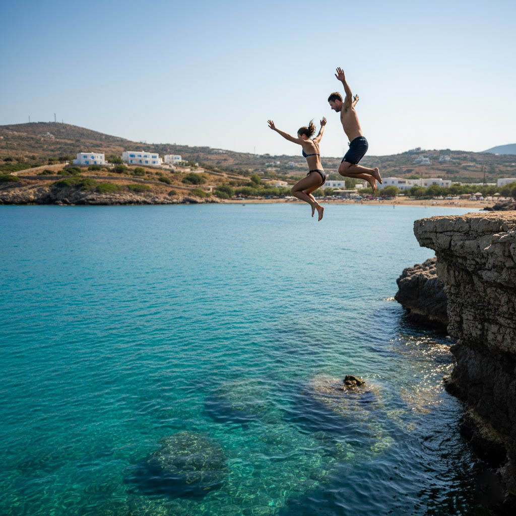Couple cliff diving Santorini Greece — luxury holiday villa activities