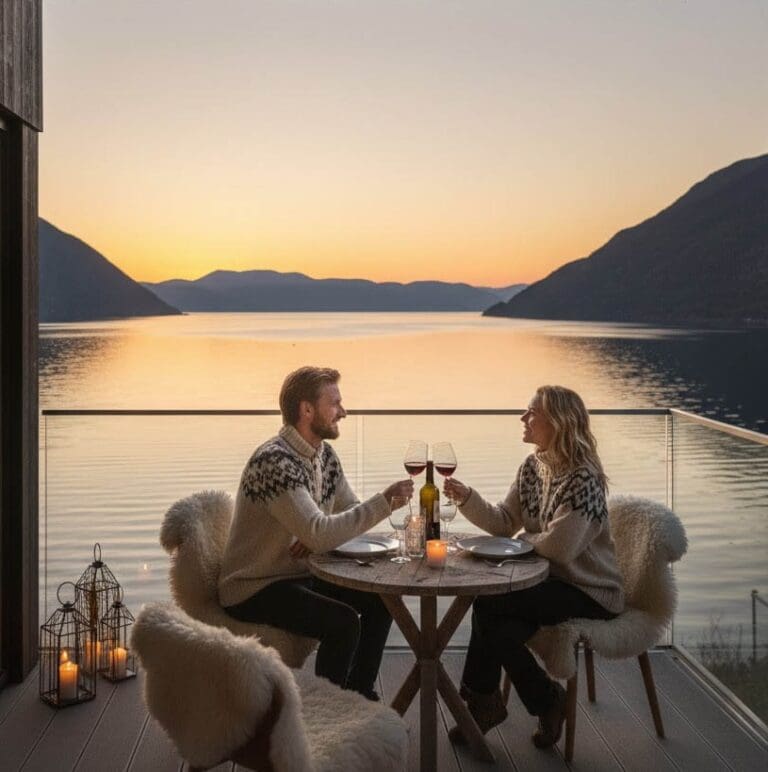 Romantic couple dining on terrace overlooking fjord Finland villa rental