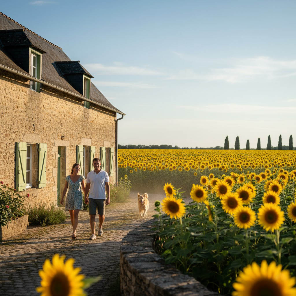 Romantic couple walking a dog through Loire Valley sunflower fields — luxury château holiday France