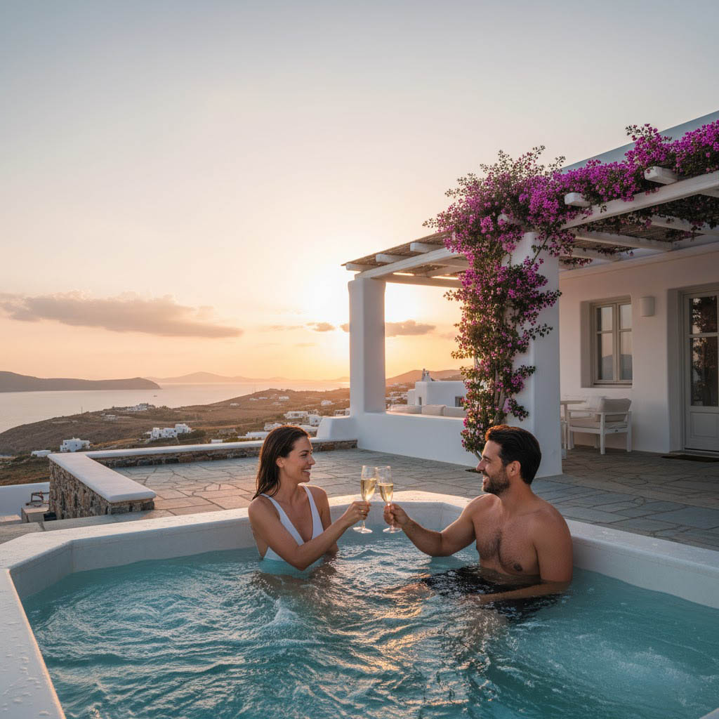 Romantic couple in hot tub at luxury villa Greece — private pool Aegean view