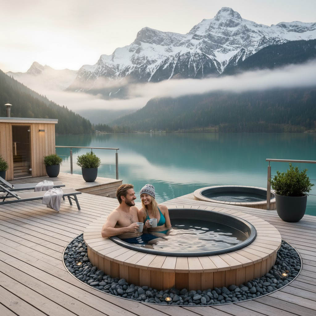Romantic couple in hot tub on terrace villa rental Scandinavia fjord