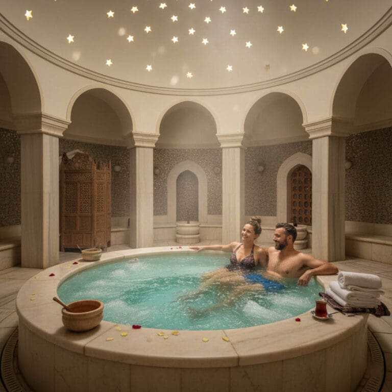 Romantic couple in traditional Turkish hammam bath villa holiday