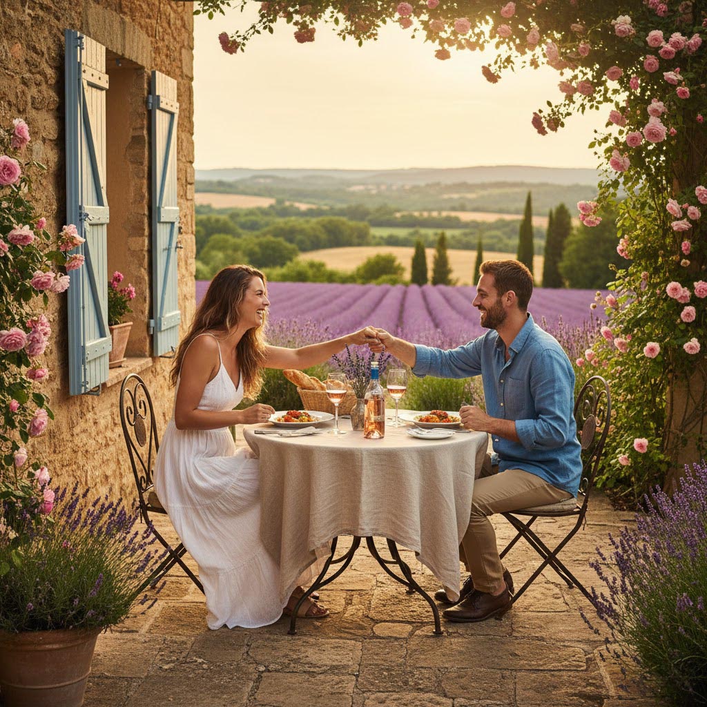 Romantic couple at a luxury villa rental in Provence France — private pool and lavender countryside