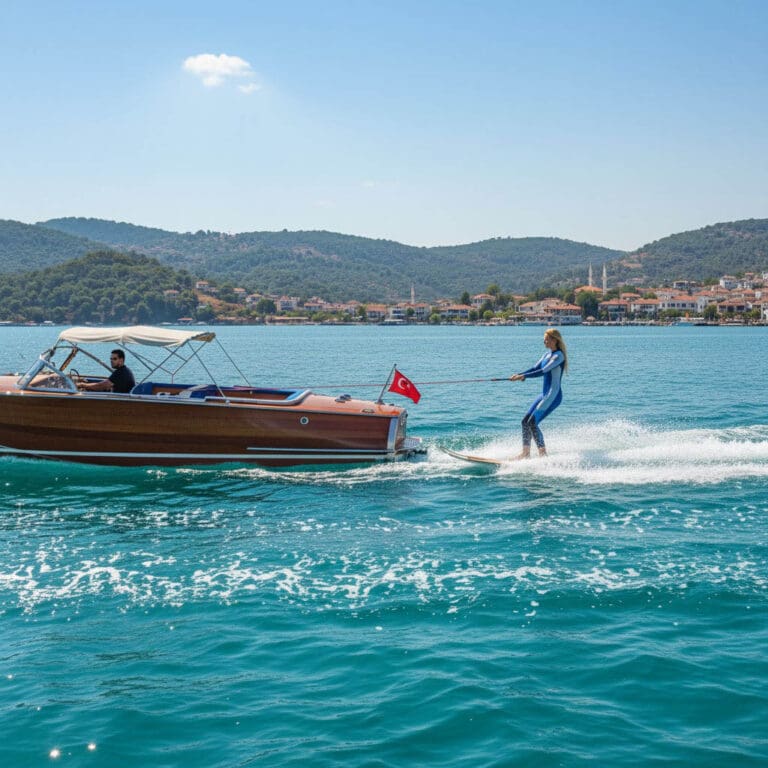 Woman water skiing Marmaris Turkey luxury villa holiday watersports
